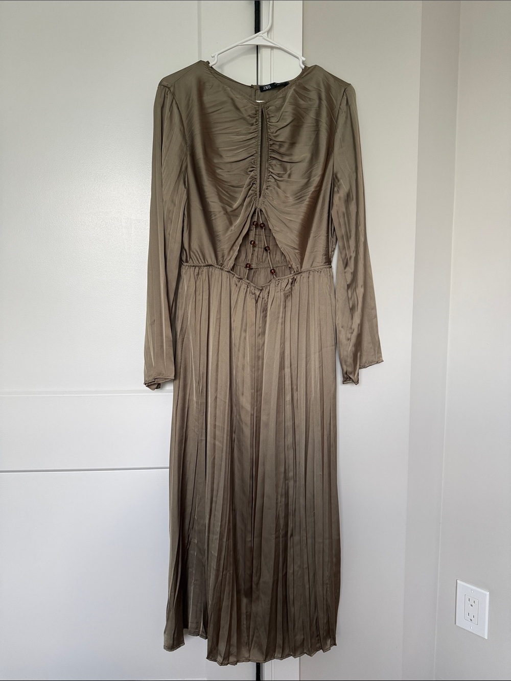 Zara Olive Long-Sleeve Pleated Midi Dress